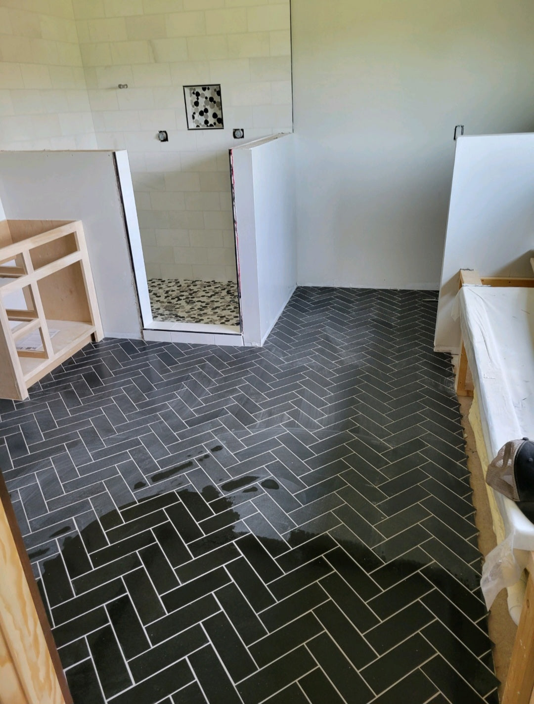 Black Harringbone Bathroom Floor